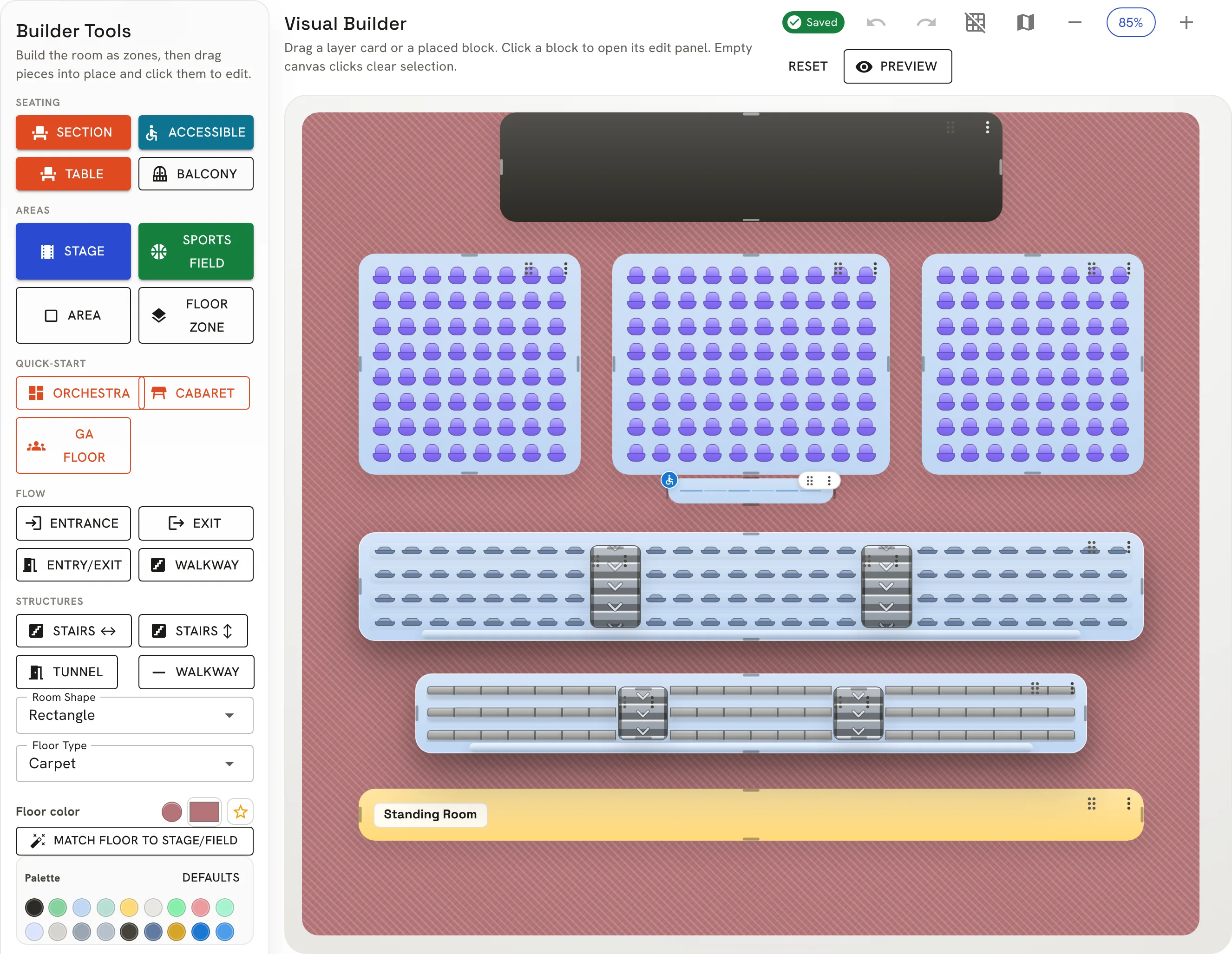 The venue builder with a theater layout: the tools on the left, and on the canvas a stage, three orchestra sections, a mezzanine and balcony split by stairs, and a standing room area.